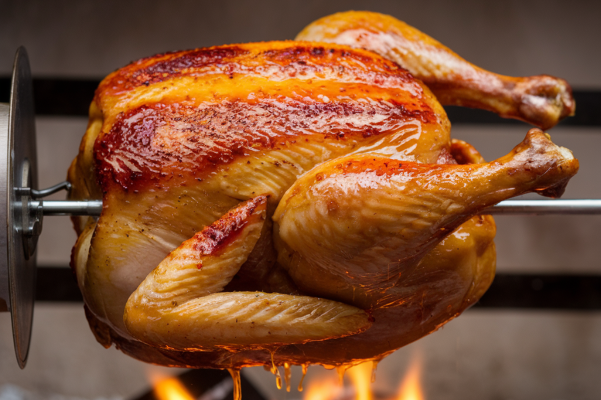 Rotisserie chicken cooking on a spit with crispy golden skin