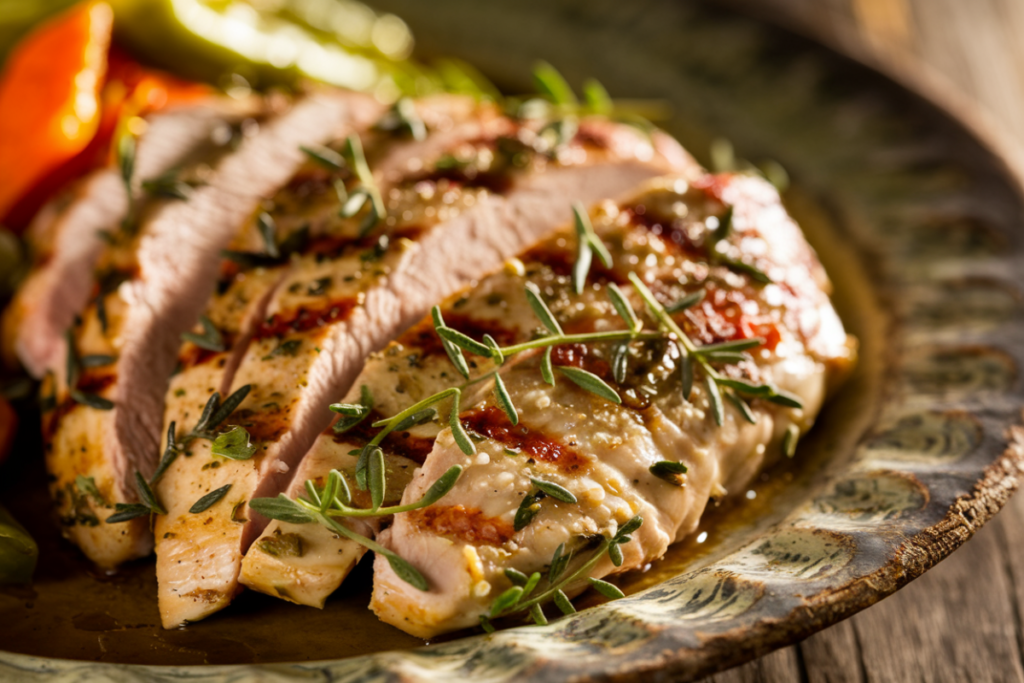 Grilled chicken breast with fresh herbs on a white plate.