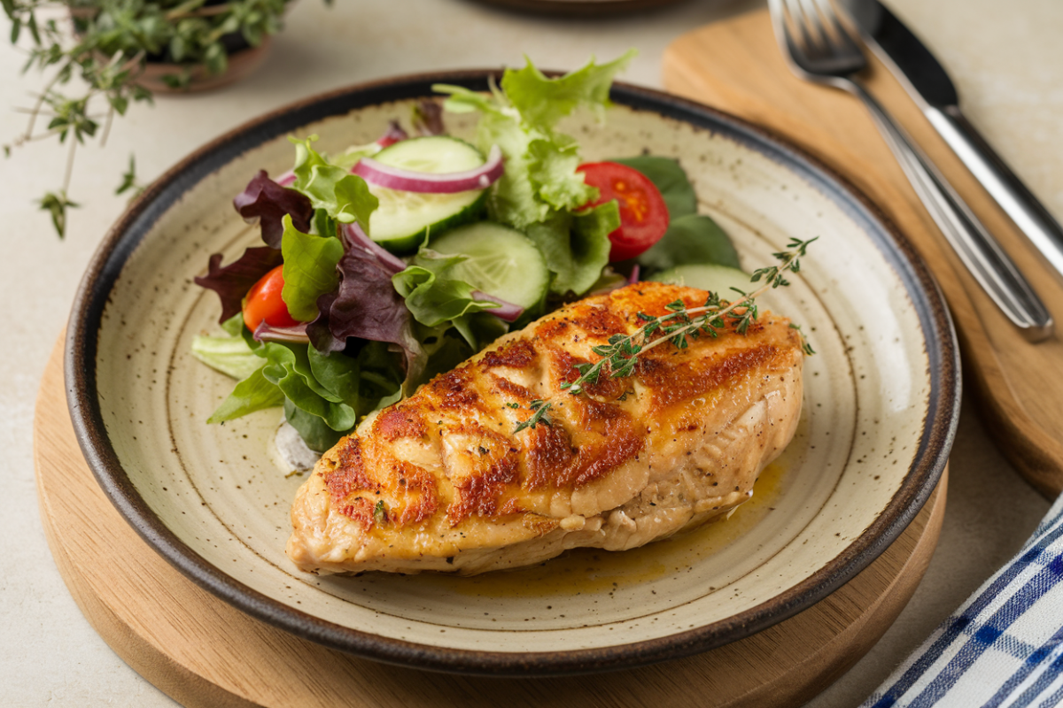 Baked chicken breast garnished with lemon slices and parsley.