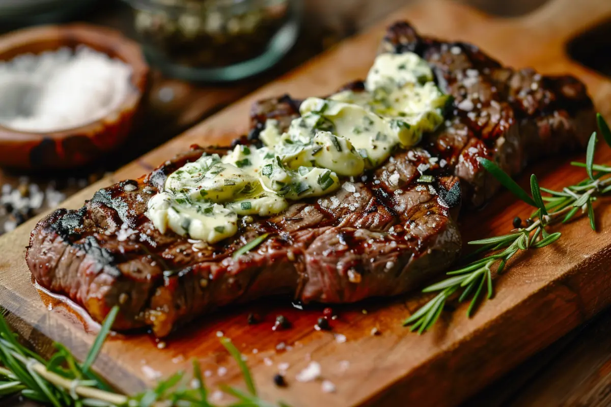 Ribeye steak with herb butter melting on top