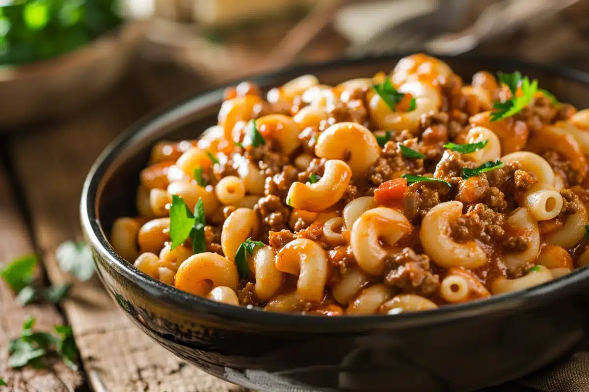 A bowl of classic American Chop Suey with macaroni and beef