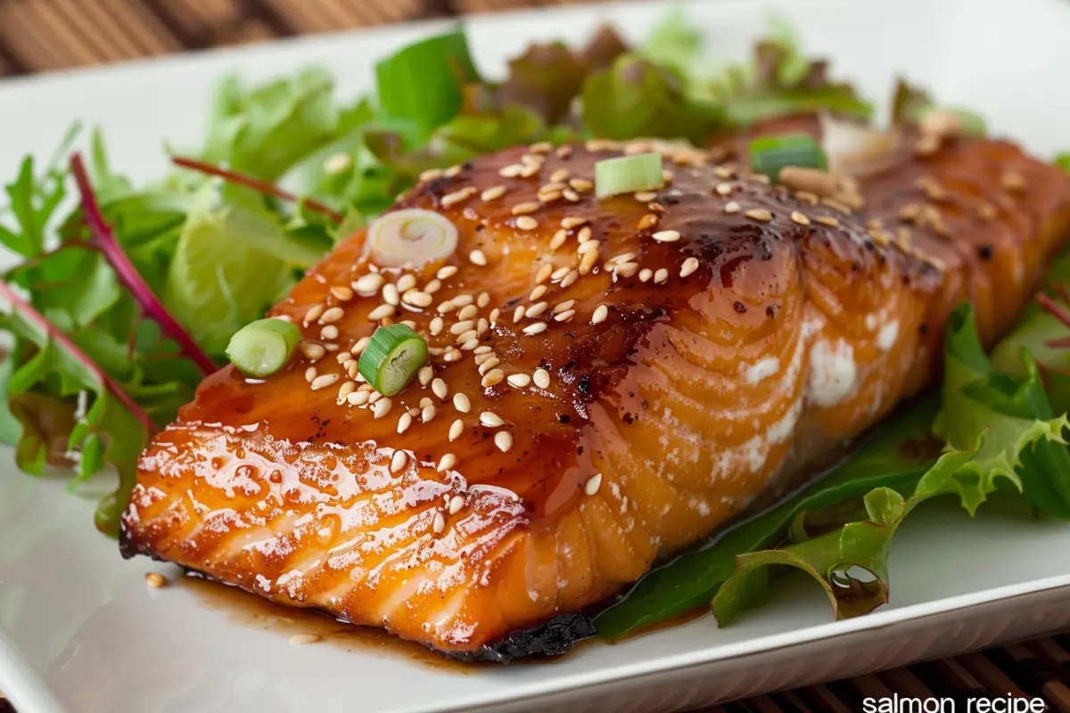 Freshly baked miso-glazed salmon served with greens