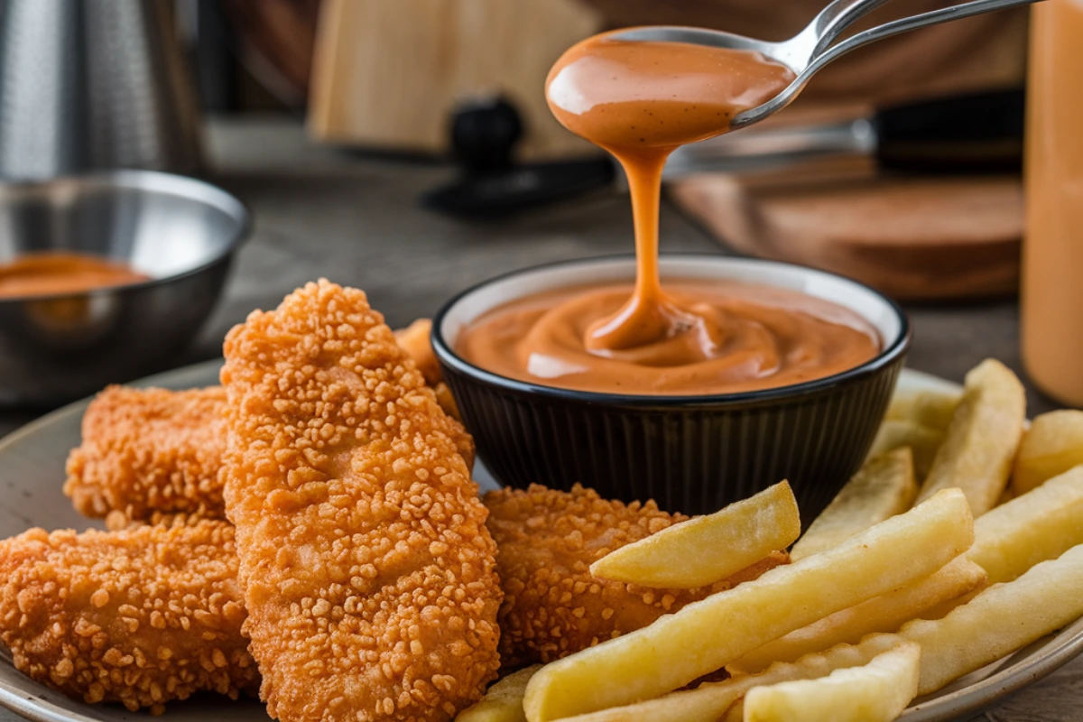 Ingredients of Raising Cane’s sauce with a bowl of creamy dip