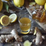 Fresh ginger shot in a small glass with lemon and honey