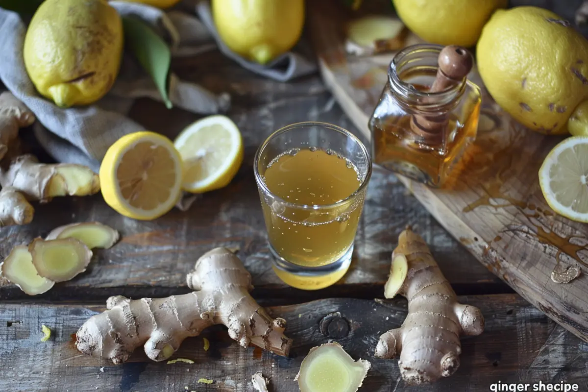 Fresh ginger shot in a small glass with lemon and honey