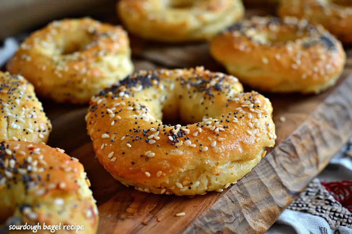 Fresh homemade sourdough bagels with a golden crust and chewy texture