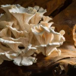 Fresh oyster mushrooms on a wooden table ready for cooking.