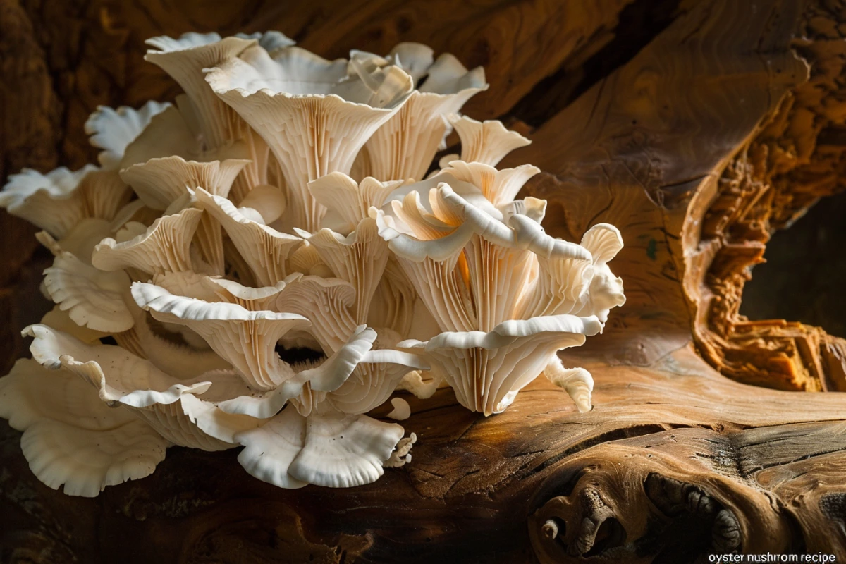 Fresh oyster mushrooms on a wooden table ready for cooking.