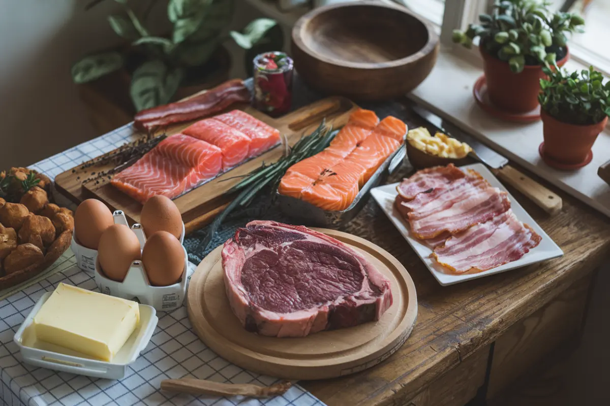 Variety of carnivore diet foods including steak, eggs, and salmon on a wooden table