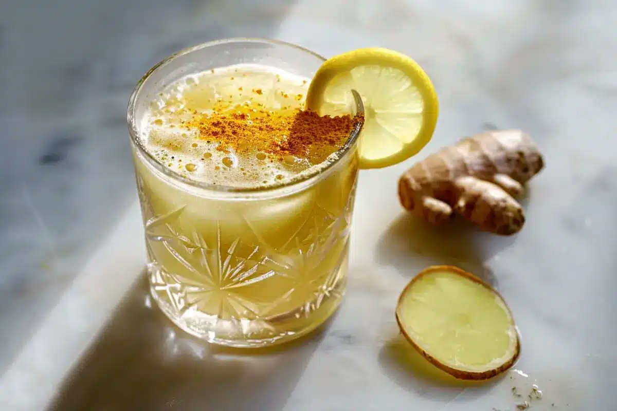 Fresh ginger shot in a small glass with lemon and honey