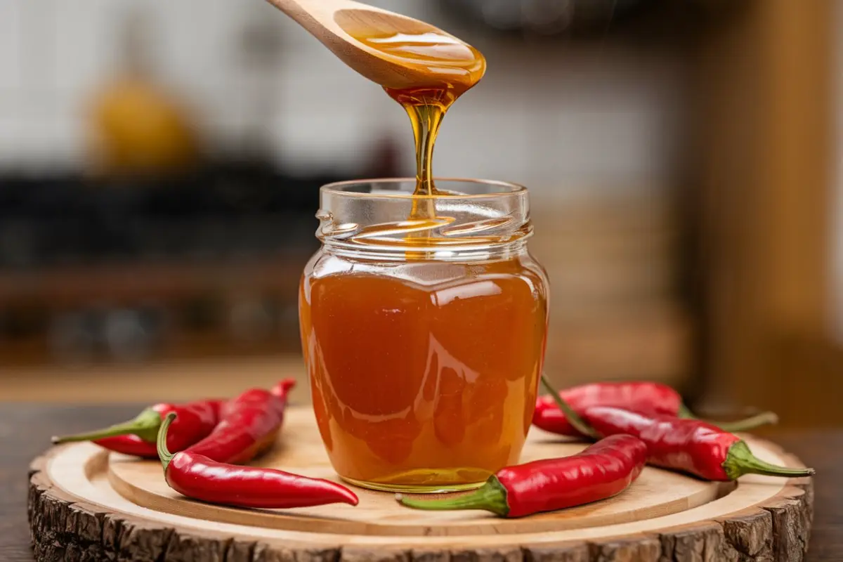 A jar of hot honey with chili peppers and honey dripping off a spoon