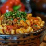 A bowl of classic American Chop Suey with macaroni and beef