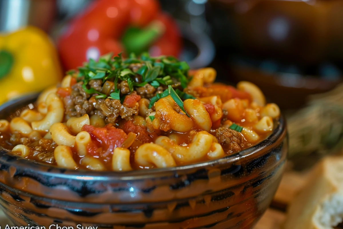 A bowl of classic American Chop Suey with macaroni and beef