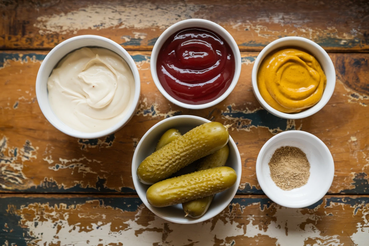 Ingredients of a homemade burger sauce with mayonnaise, ketchup, and mustard.