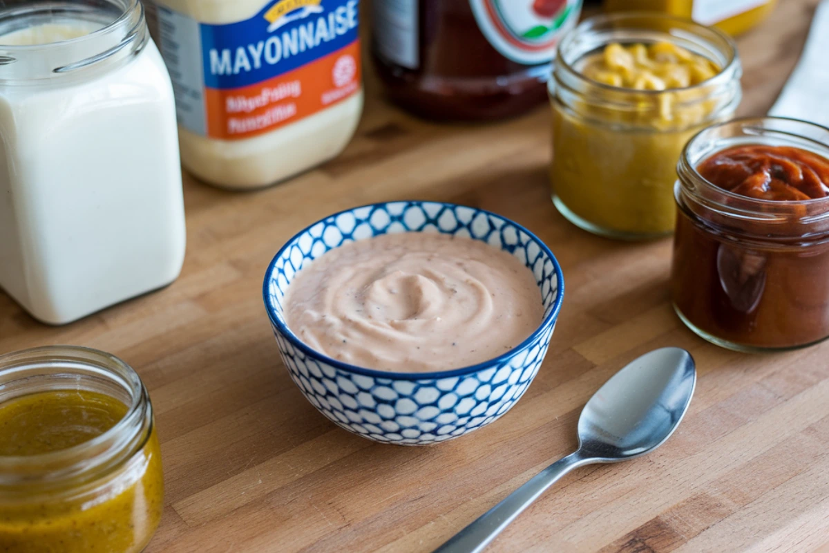 A creamy burger sauce in a small bowl surrounded by ingredients like mayonnaise, ketchup, mustard, and relish.