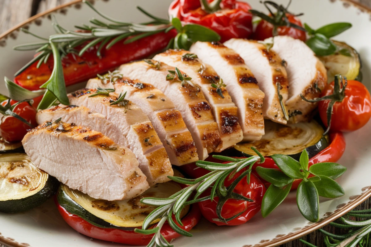 Grilled thin sliced chicken breast with vegetables