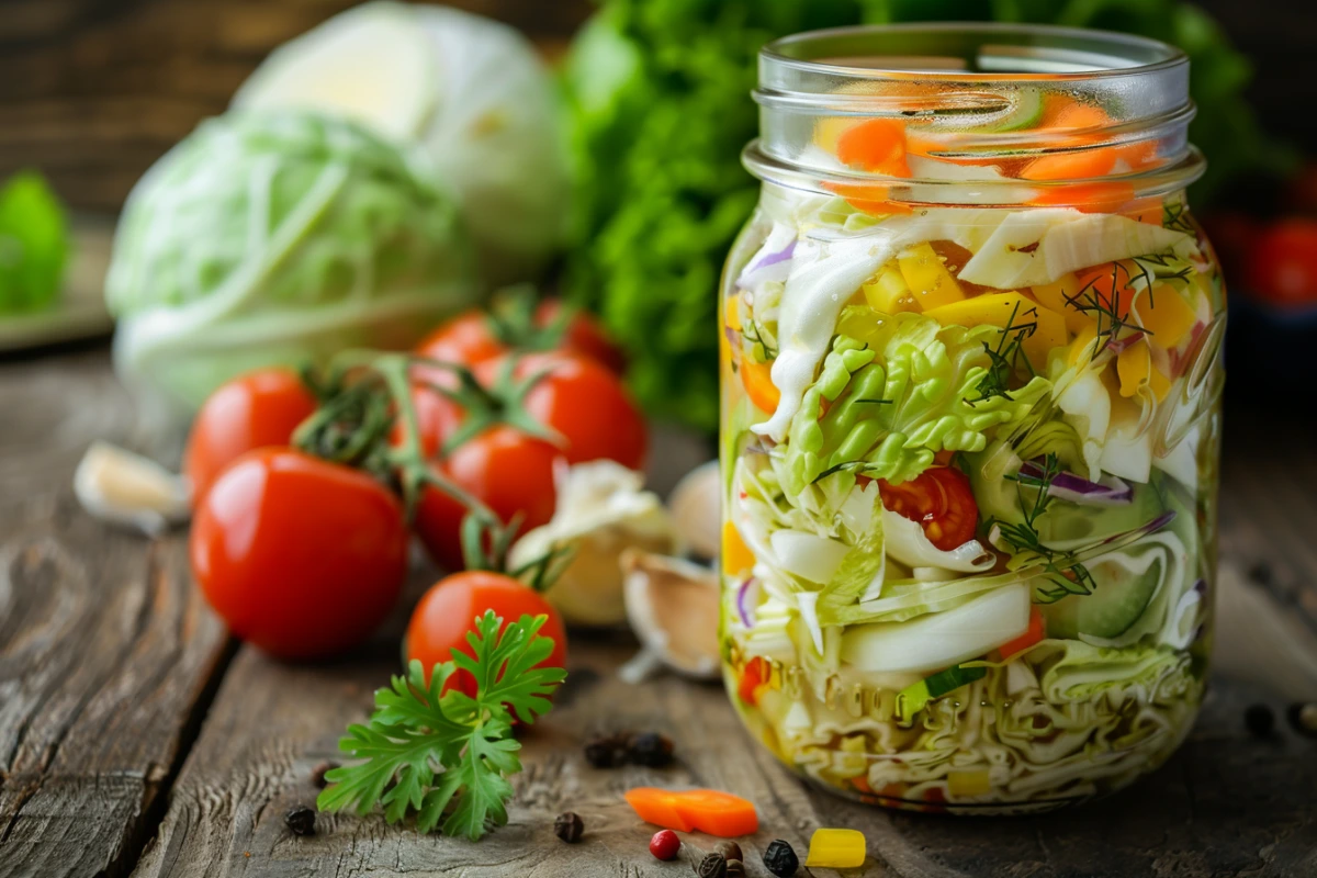 Close-up of a colorful homemade chow chow relish in a glass jar