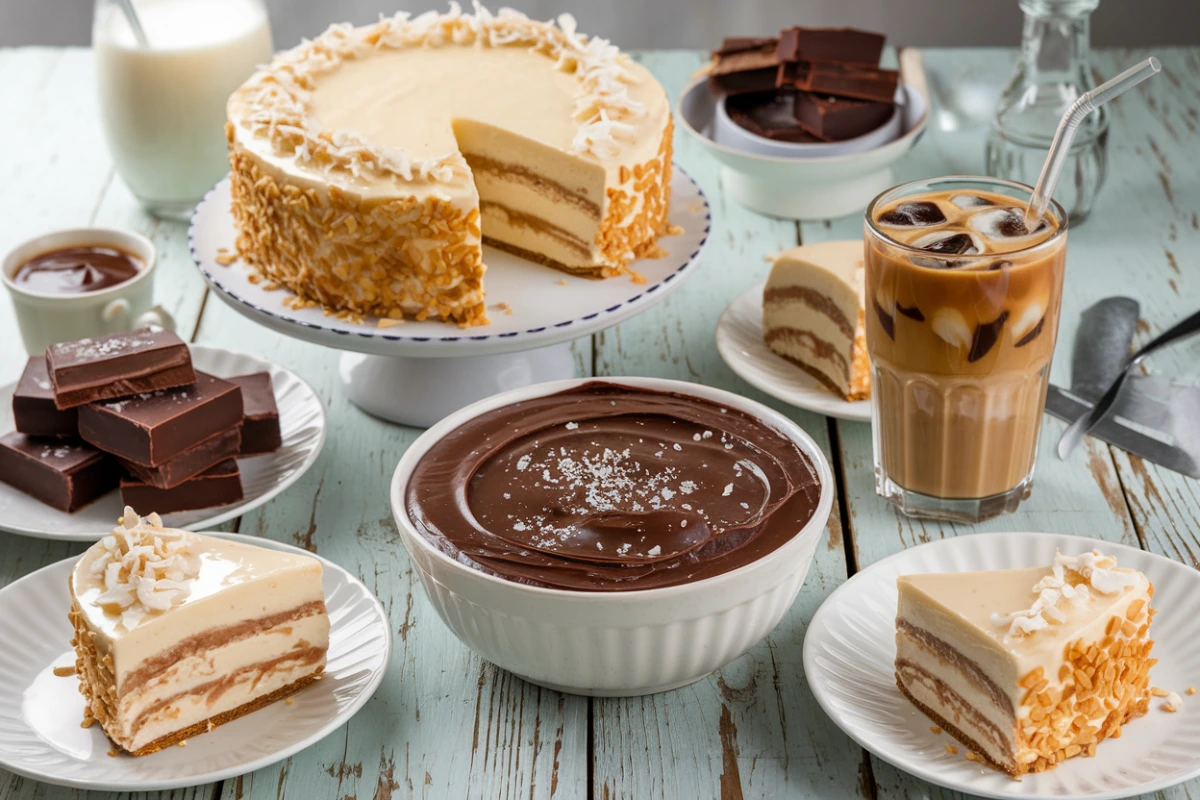 A variety of dishes made with condensed milk including fudge, key lime pie, and Thai iced tea