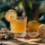 Fresh ginger juice in a glass with lemon and ginger root on the side