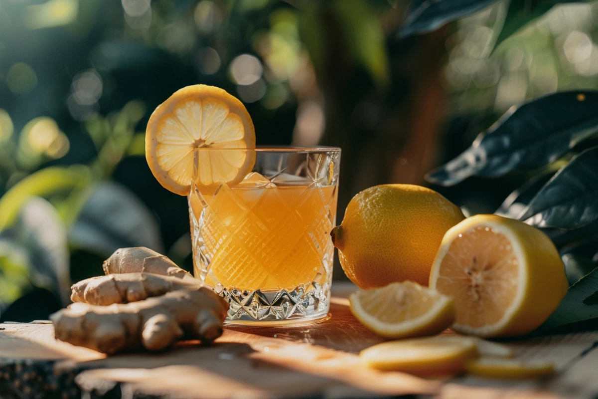 Fresh ginger juice in a glass with lemon and ginger root on the side