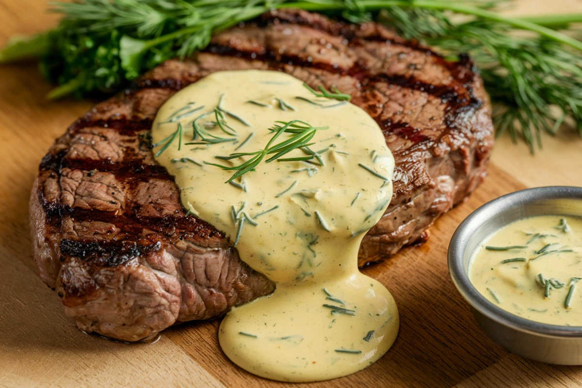 Herb-infused cowboy butter sauce melting over grilled steak