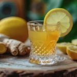 Close-up of a ginger shot in a small glass with fresh ginger roots.