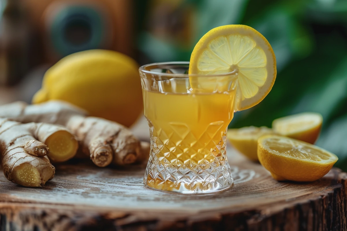 Close-up of a ginger shot in a small glass with fresh ginger roots.