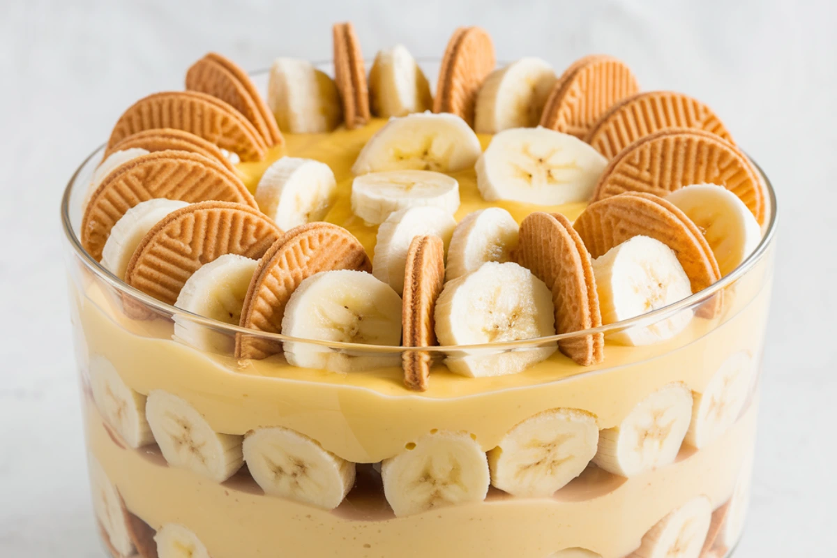 A creamy banana pudding with layers of vanilla wafers and ripe bananas