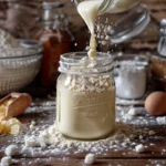 Sweetened condensed milk being poured into a glass jar.