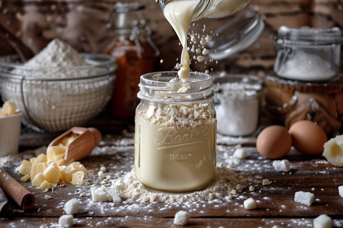 Sweetened condensed milk being poured into a glass jar.