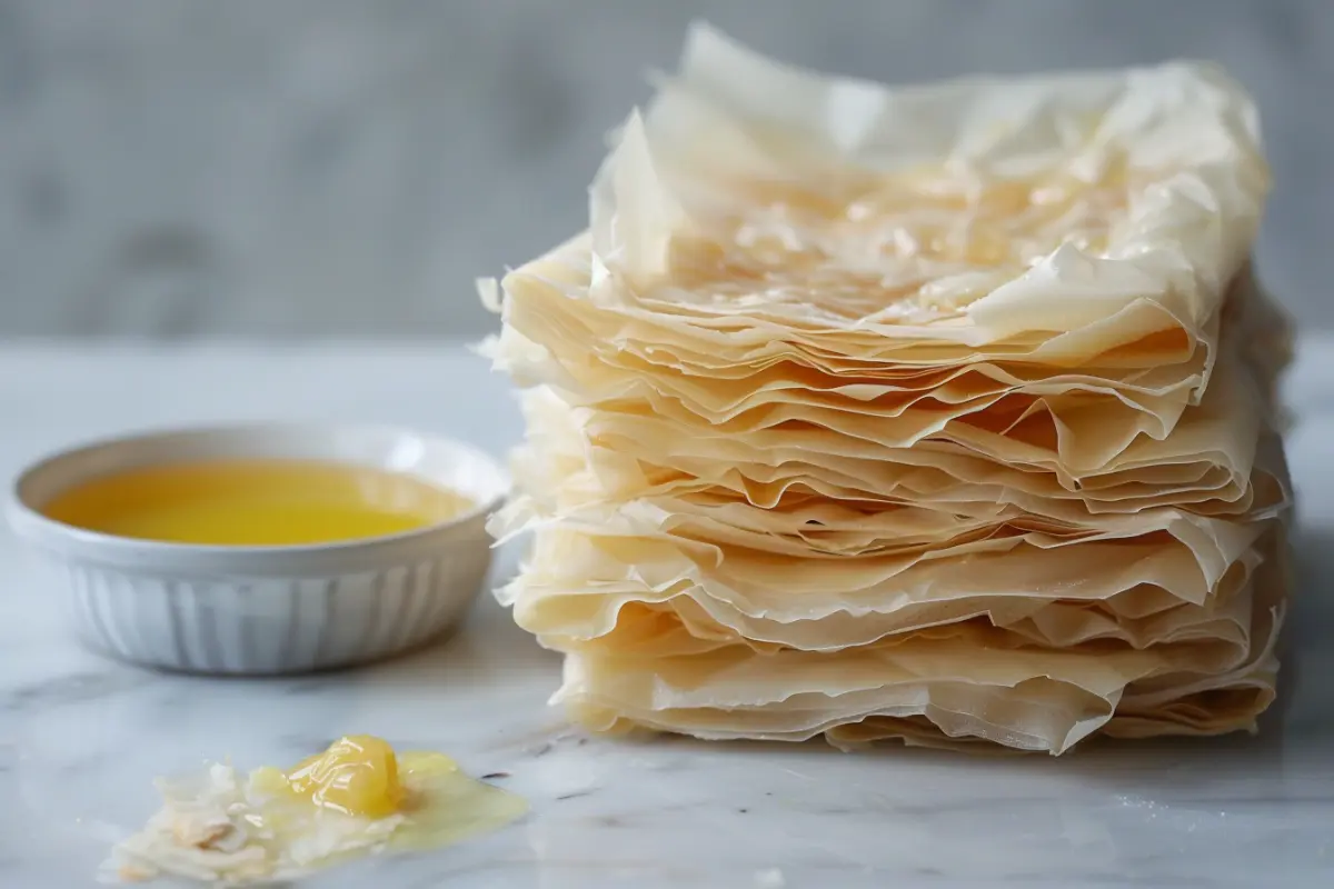 Filo pastry sheets being layered with butter on a work surface