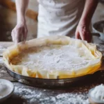 Flaky phyllo dough being layered for spanakopita