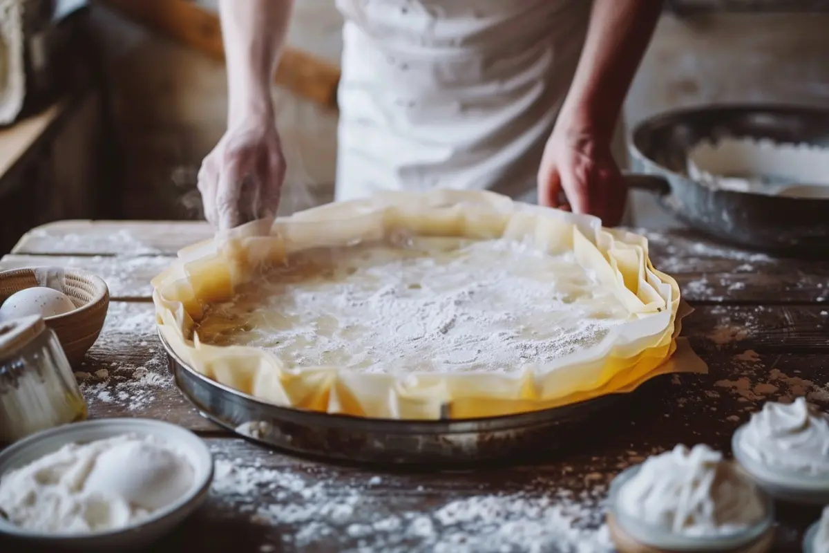 Flaky phyllo dough being layered for spanakopita