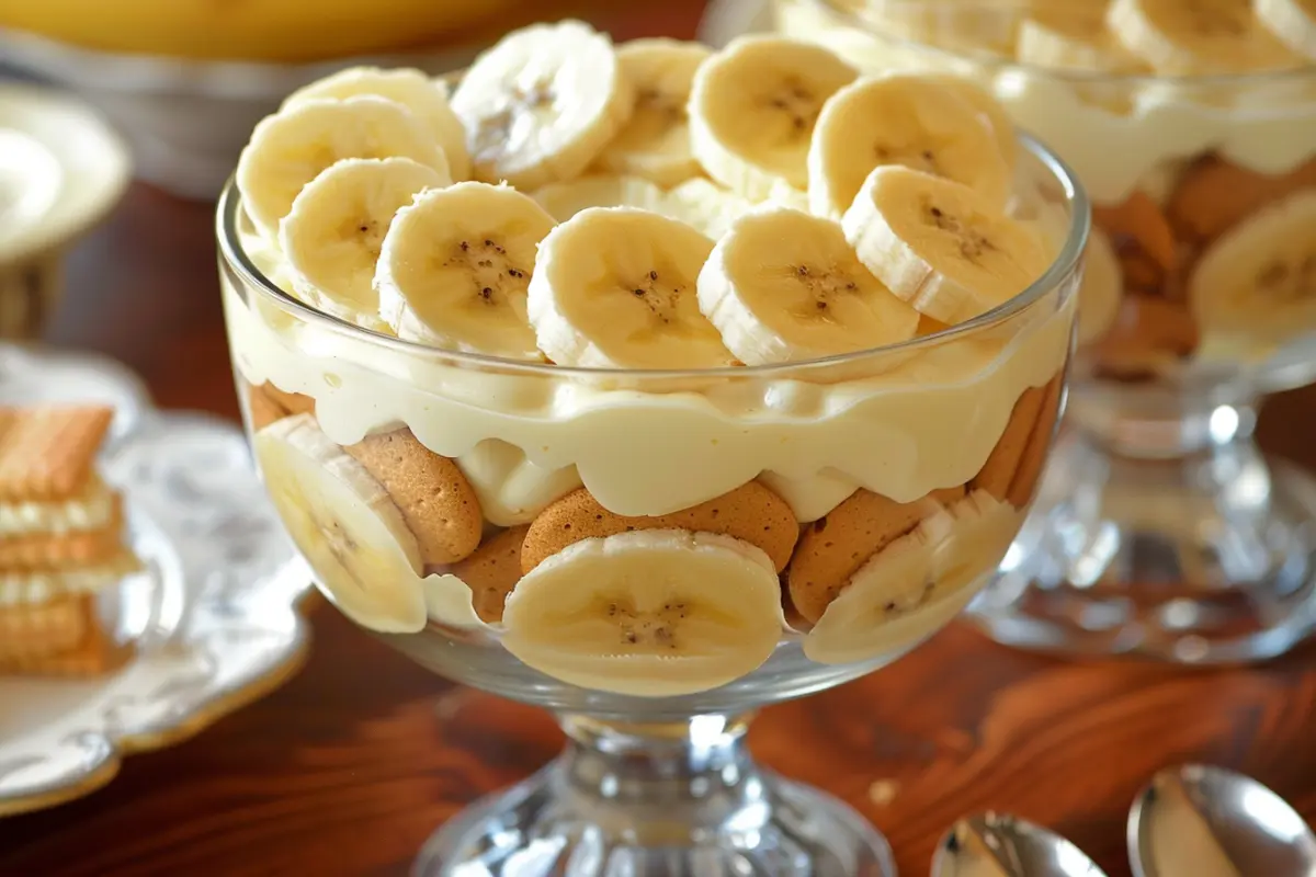 Layered banana pudding with vanilla wafers and whipped cream