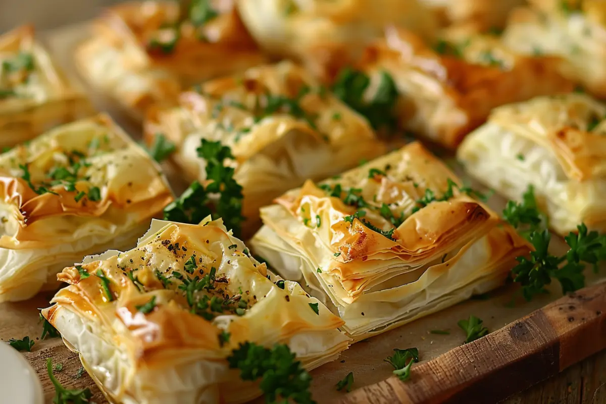 Freshly baked phyllo dough pastries with golden layers