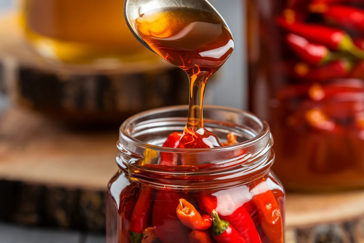 Jar of hot honey with chili peppers on a wooden kitchen counter