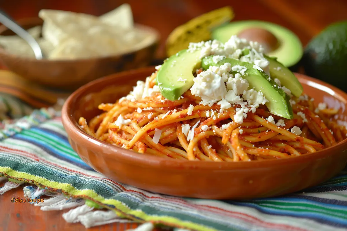 A bowl of authentic Mexican fideo noodle soup with toasted noodles and fresh herbs