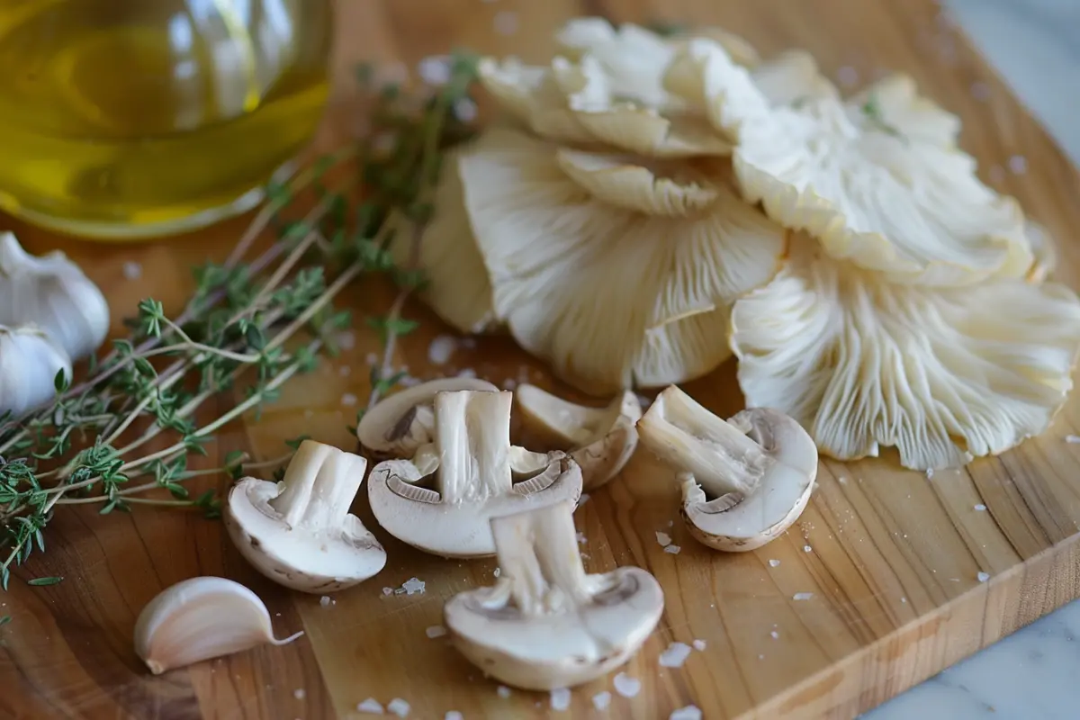 Fresh oyster mushrooms on a wooden table ready for cooking.